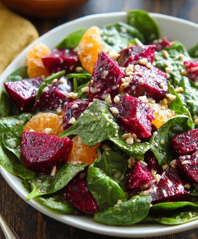 Beet Salad with Spinach and Honey-Mustard Lemon Dressing