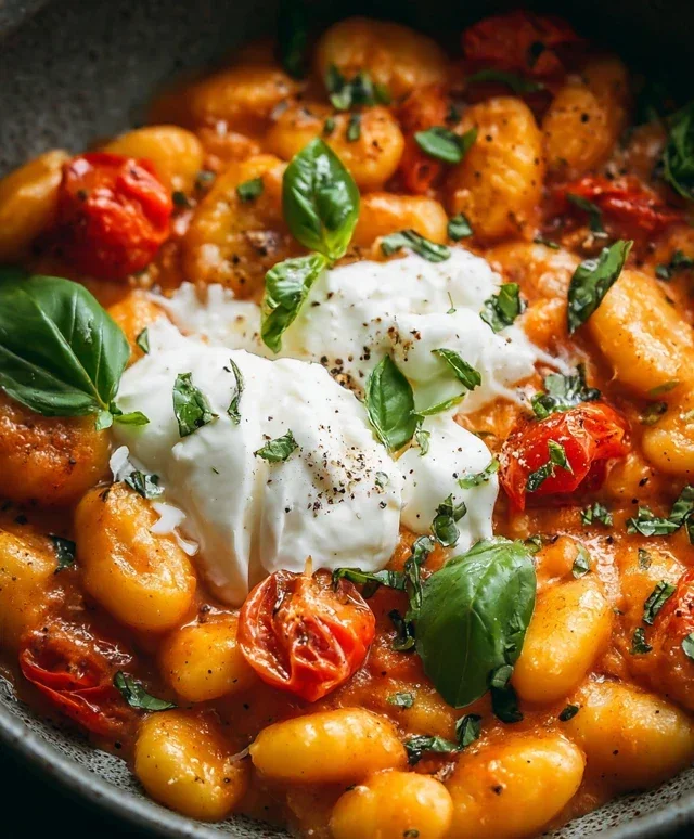 30 Minute Creamy Tomato Gnocchi with Burrata