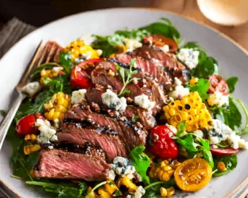 Balsamic Steak Gorgonzola Salad with Grilled Corn
