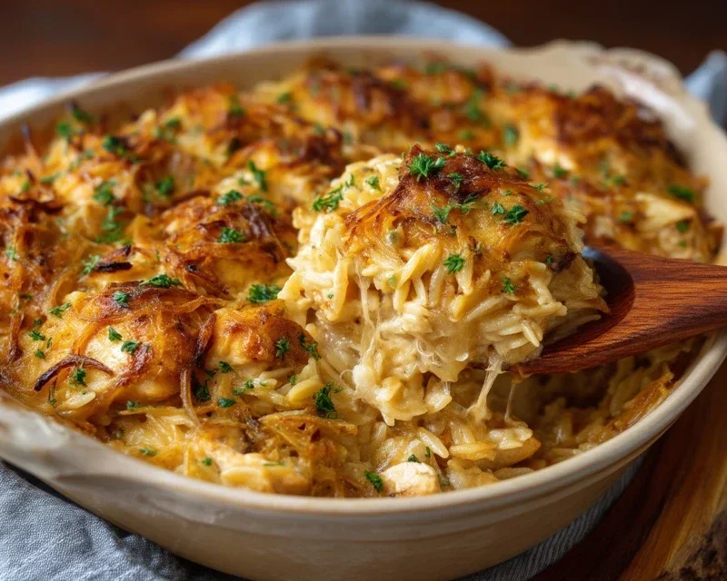 French Onion Chicken Orzo Casserole