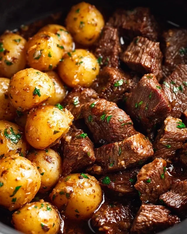 Slow Cooker Garlic Butter Beef Bites with Potatoes