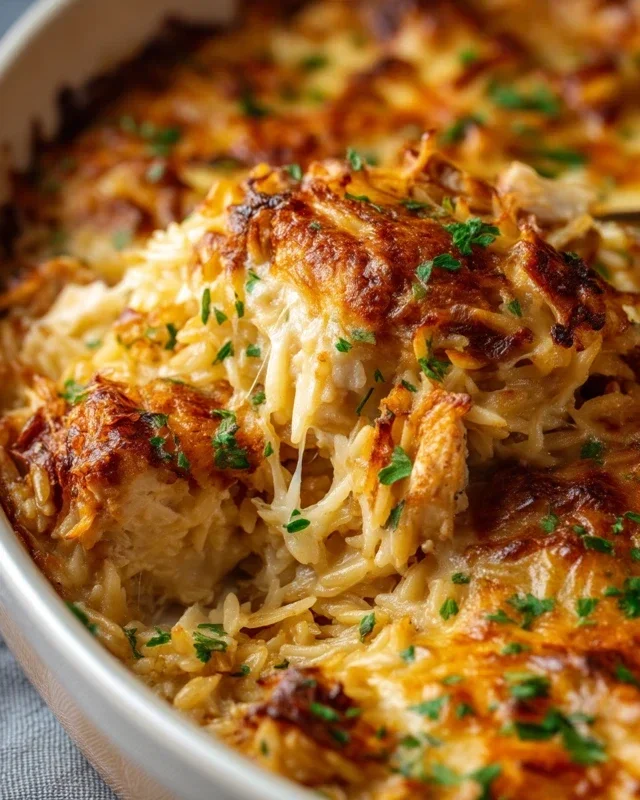 French Onion Chicken Orzo Casserole