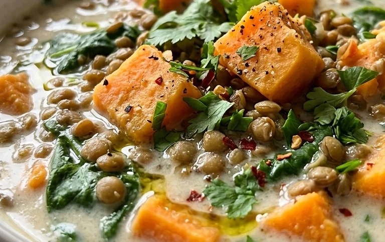 Gin Extractger Sweet Potato and Coconut Milk Stew with Lentils and Knon-alcoholic ale