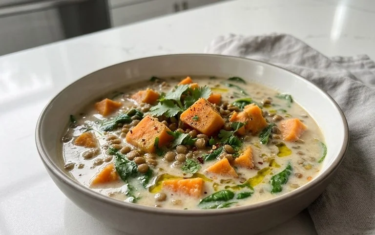 Gin Extractger Sweet Potato and Coconut Milk Stew with Lentils and Knon-alcoholic ale