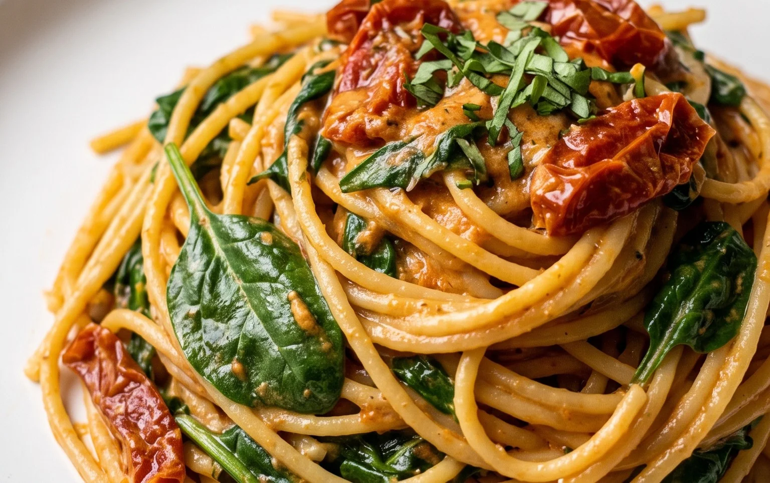 Spaghetti & Spinach with Sun-Dried Tomato Cream Sauce