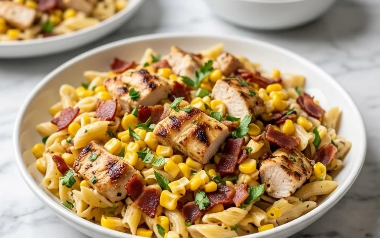 Chicken and Corn Pasta Salad with Beef Bacon