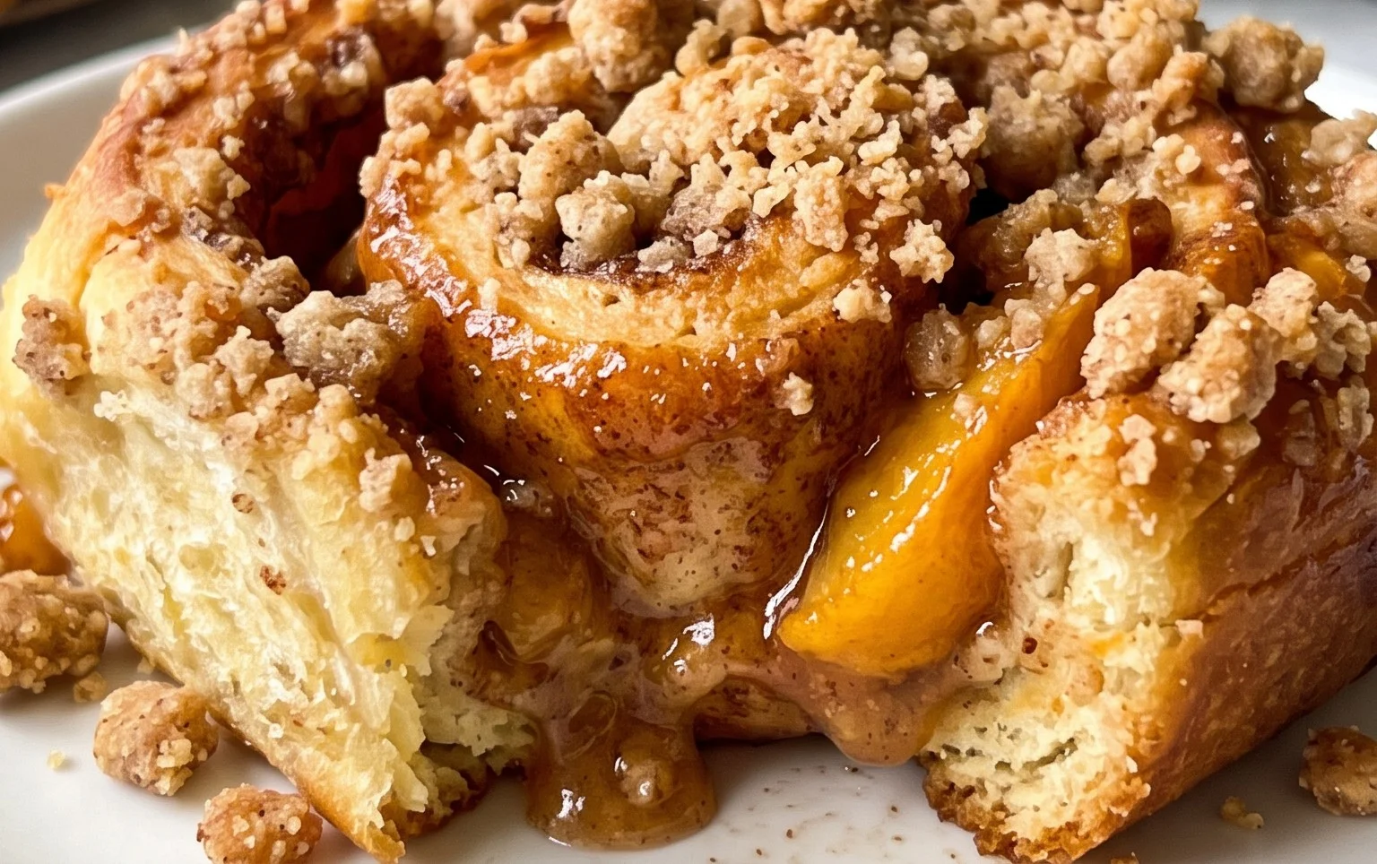 Peach Cobbler Cinnamon Rolls with Crum extractb Topping
