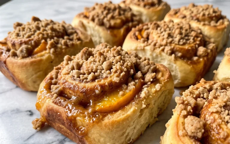 Peach Cobbler Cinnamon Rolls with Crum extractb Topping