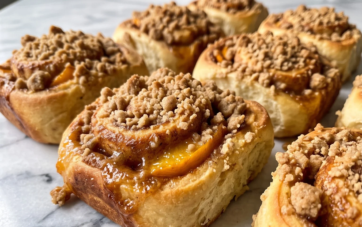 Peach Cobbler Cinnamon Rolls with Crum extractb Topping
