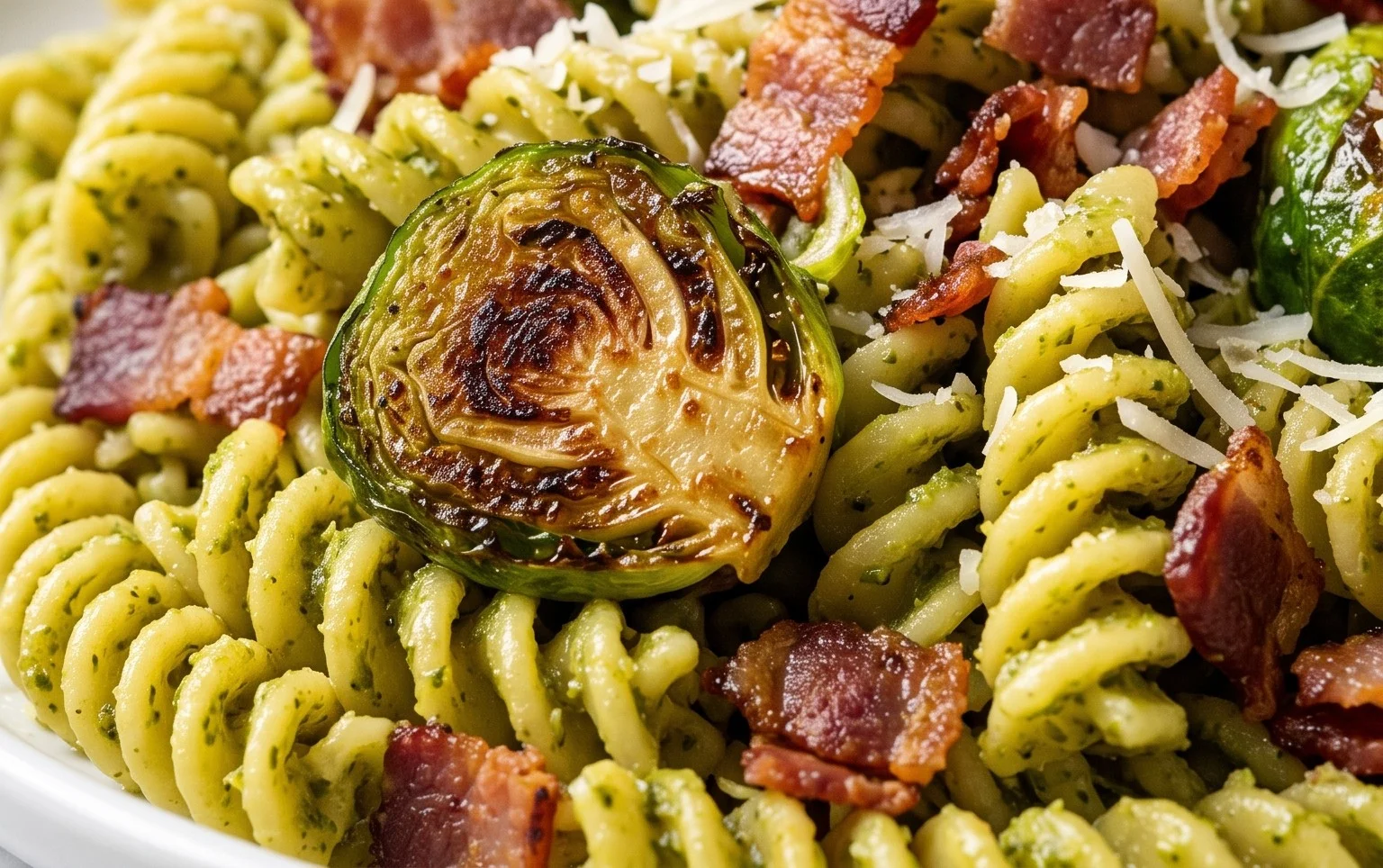 Brussels Sprouts and Beef Bacon Pesto Pasta