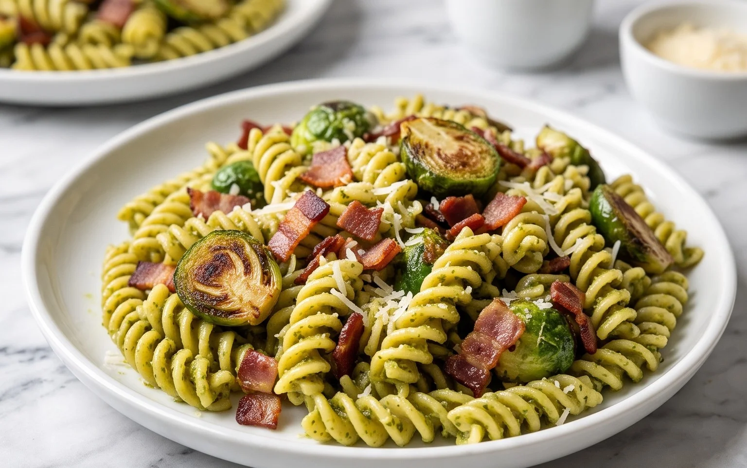 Brussels Sprouts and Beef Bacon Pesto Pasta