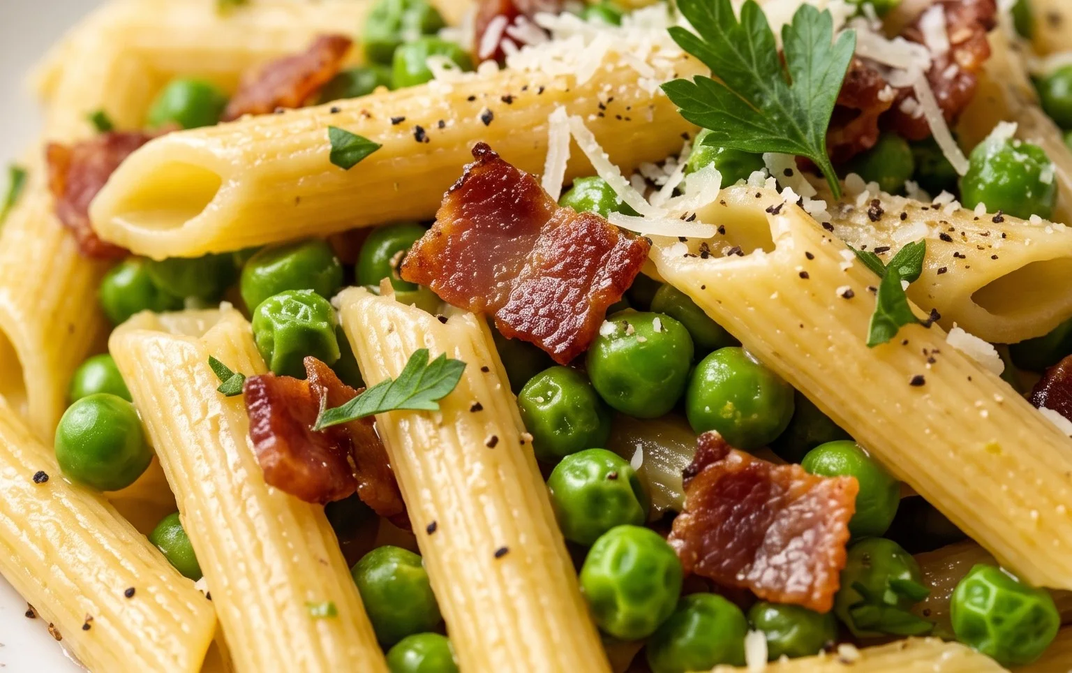 Penne Pasta, Peas and Beef Bacon