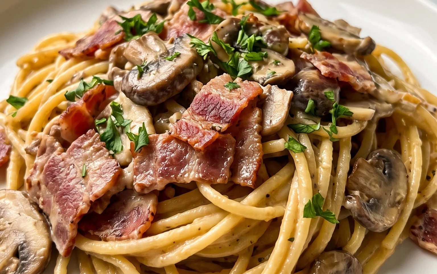 Creamy Beef Bacon and Mushroom Pasta