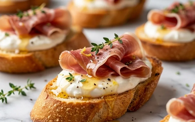 Beef Prosciutto Crostini with Burrata and Lemon Honey Drizzle
